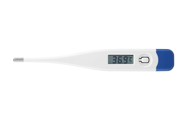 Electronic modern thermometer on white background