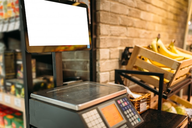 Photo electronic scales in food store, nobody. product measurement, weighing control