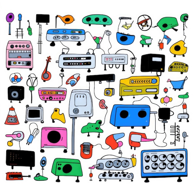 Electronic supplies colorful set of doodles on white background Generative AI