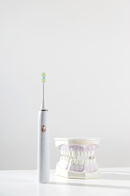 Electronic toothbrush next to jaw model with teeth on light background of bathroom minimal backgroun...