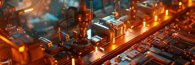 an electronics assembly line with soldering stations and circuit board testers illustrating the machines that assemble electronic devices