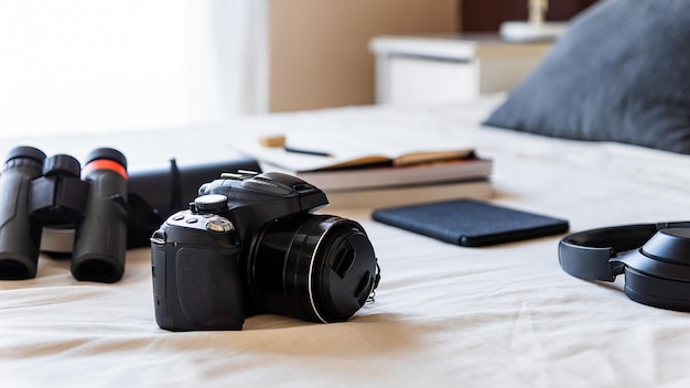 Libri elettronici e oggetti per la macchina fotografica organizzati per un viaggio