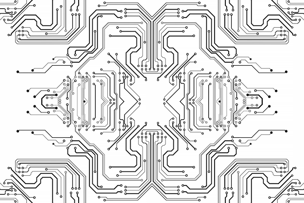 Foto scheda elettronica con chip. modello high-tech elettronico del circuito stampato, tecnologia digitale. chip di computer astratto dell'illustrazione. microchip monocromatico nero, isolato su sfondo bianco