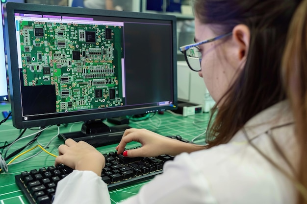 Electronics Development Facility Engineer Works on Desktop Computer with CAD Software Caucasian Female Scientist Designing Industrial PCB Microchips Semiconductors Telecommunications Equipment