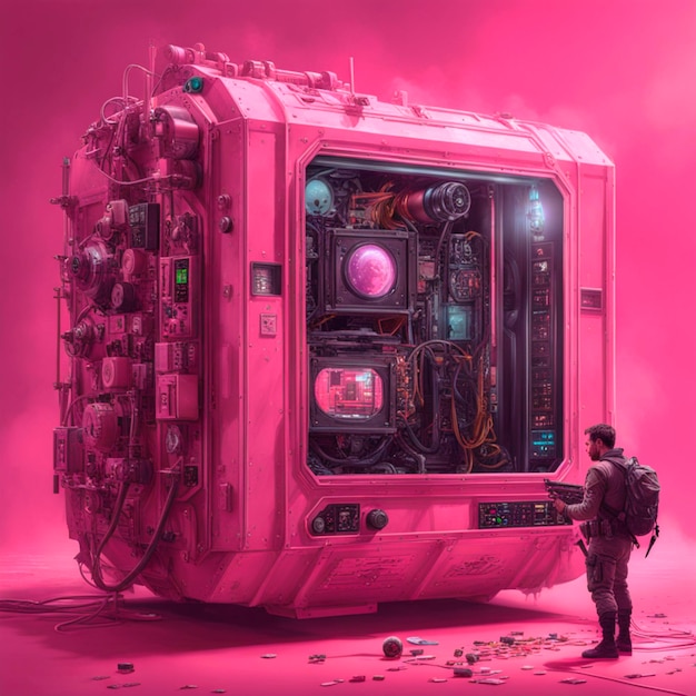 an electronics engineer deals with spacecraft microcircuits fantastic plot pink background