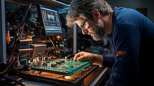 Foto un ingegnere elettronico depura i difetti del prodotto hardware