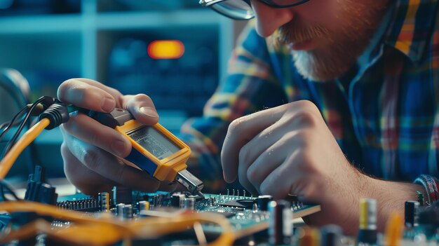 electronics engineer working on a circuit board he is using a soldering iron to solder a component to the board