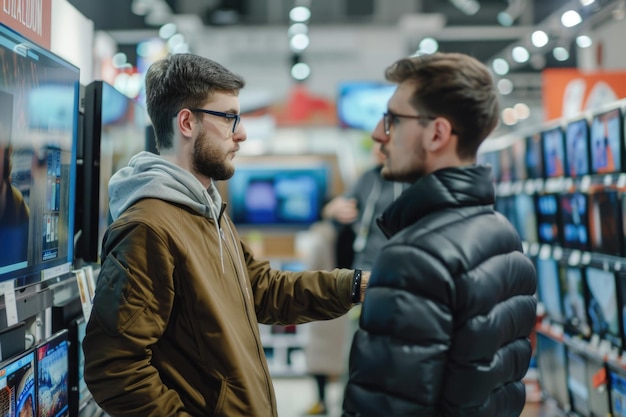 Electronics store consultant shows young man latest TVs