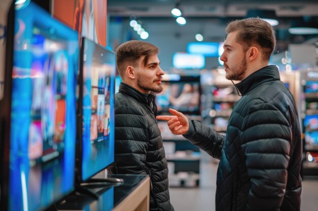 Electronics store consultant shows young man latest TVs