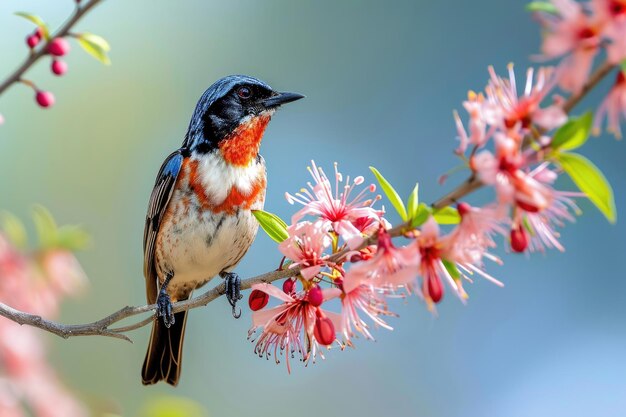 The elegance of a bird perched on a blossoming acacia branch