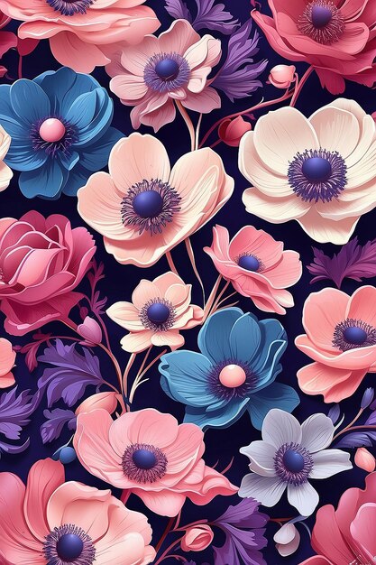 Elegance in Bloom Anemone Symphony Seamless Pattern in Pink Purple and Blue