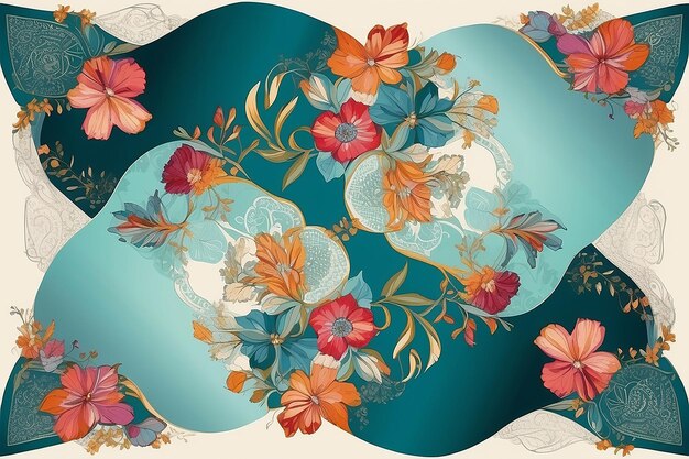 ファッションとアクセサリー用の花のエコプリントと幾何学的な要素を備えたブルームのエレガンス シルク スカーフ パターン