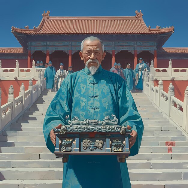中国文化の優雅さ 歴史的な寺院のシーンと賢い長老