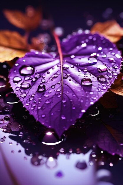 Elegance in contrast violet leaf and delicate water droplets