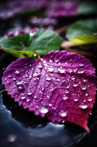 Elegance in contrast violet leaf and delicate water droplets