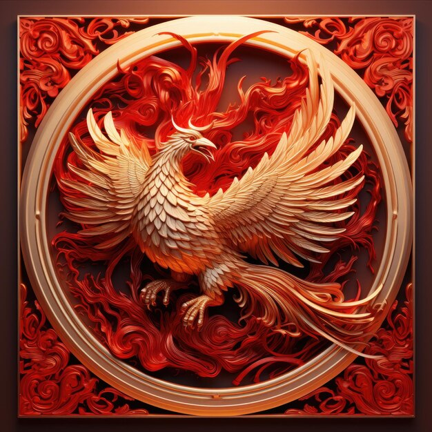 Elegance Embodied A Captivating Red Chinese Phoenix Nestled within a 3D Luxury Gold Frame Exquisit