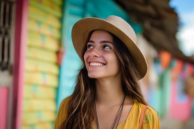 Elegance Embodied Woman in Hat Graces Architectural Marvel