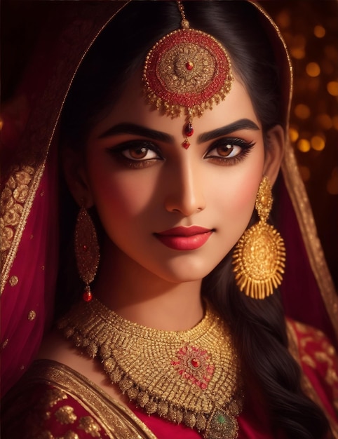 Elegance in Ethnicity Portrait of a Beautiful Indian Maiden in Traditional Attire generative ai