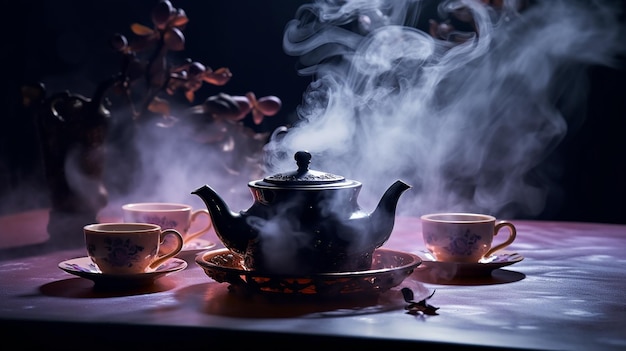 Elegance in Every Sip Rising Steam from a Teapot and China Set