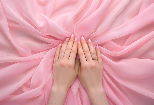 Elegance and femininity expressed by gentle hands on soft pink fabric