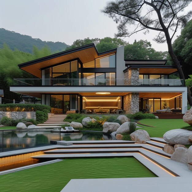 Photo elegance illuminated a modern home amidst greenery ai generated