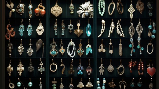 Photo the elegance of a jeweler's display case filled with dazzling gemstoneencrusted brooches