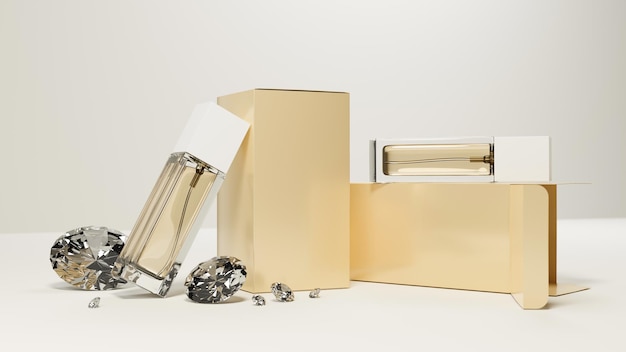 Il modello di lusso delle bottiglie di profumo di eleganza con la scatola classica su fondo bianco 3d rende