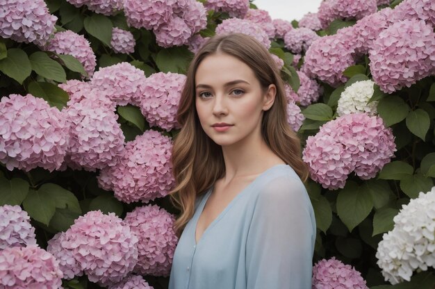 An elegance portrait of a young Canadian woman surrounded by lush hydrangeas