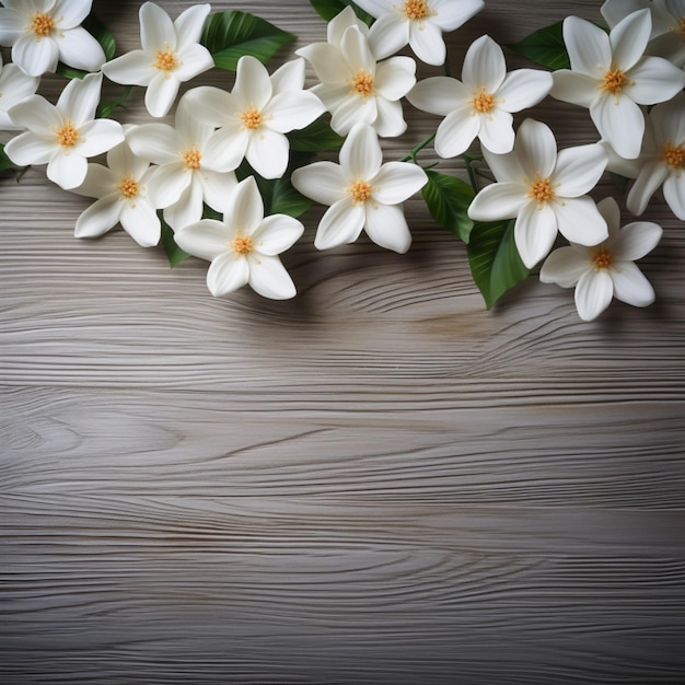 Elegance in simplicity White jasmine flowers on wooden backdrop For Social Media Post Size