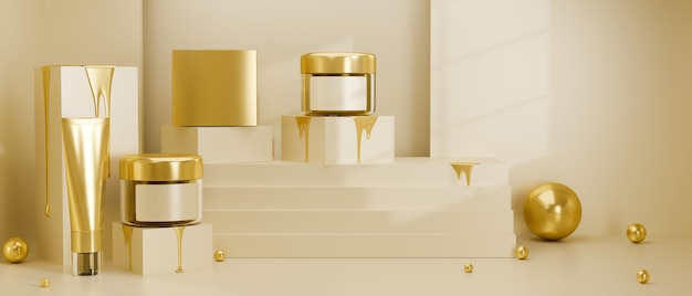 Elegance skincare gift sets mockup with golden jar and tube mockup on luxury podium 3d render