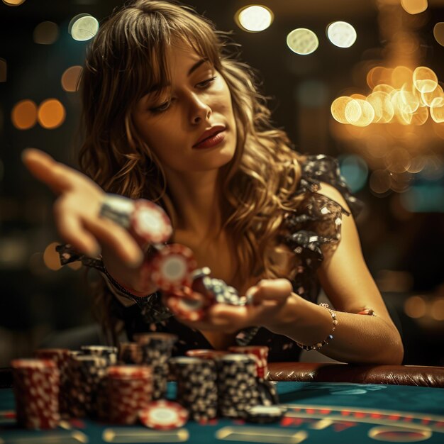 テーブルでのエレガンス 美しい女性がテキサス・ホルデム・ポーカーを プレイしているスタイルと自信 カード・チップのスリリングな世界で 戦略的なゲームプレイの魅力と 偶然の芸術の出会い