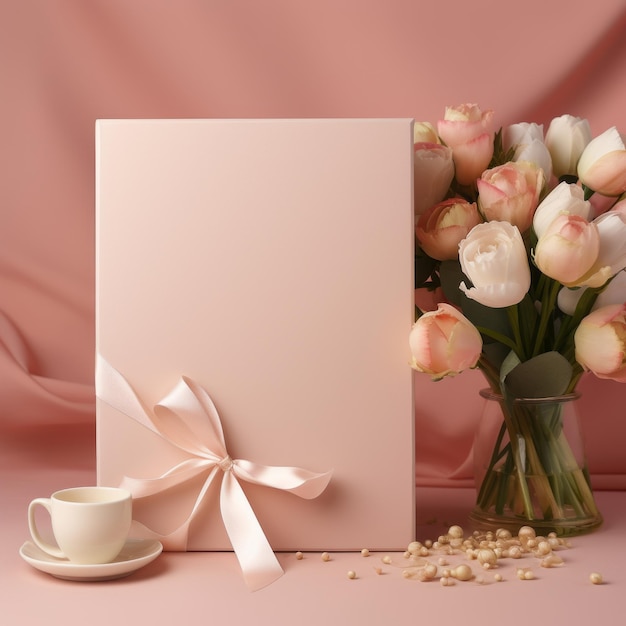Elegance выпустила потрясающий 8К пустой макет подарочной коробки, украшенный лентой и букетом цветов.