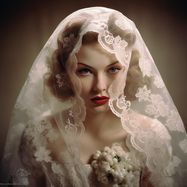 우아함은 1940년대의 매력적인 여성이 멋진 렌즈 예배당 베일로 장식된 모습을 드러냈다.