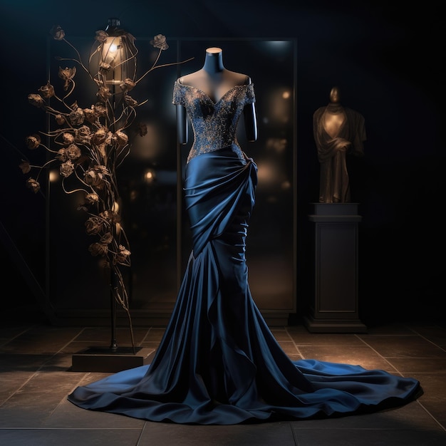 Elegance unveiled a captivating display of a beautiful luxurious evening gown gracefully adorning a mannequin epitomizing timeless style and opulence for a glamorous and chic affair