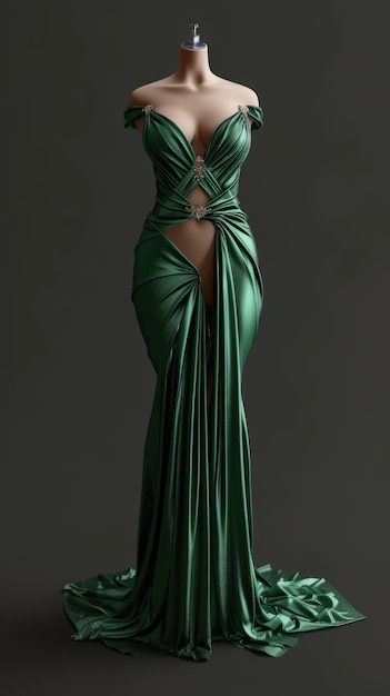 Elegance unveiled a captivating display of a beautiful luxurious evening gown gracefully adorning a mannequin epitomizing timeless style and opulence for a glamorous and chic affair