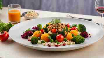 Photo the elegance of vegetarian cuisine by photographing a wellbalanced veg food plate on a clean white