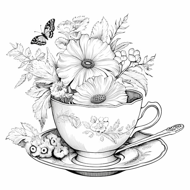 Photo elegance vintage teacup and wildflowers coloring page with butterflies