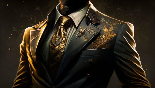 Элегантность богатства Крупный план богатого бизнесмена в черно-золотом костюме Генеративный ИИ