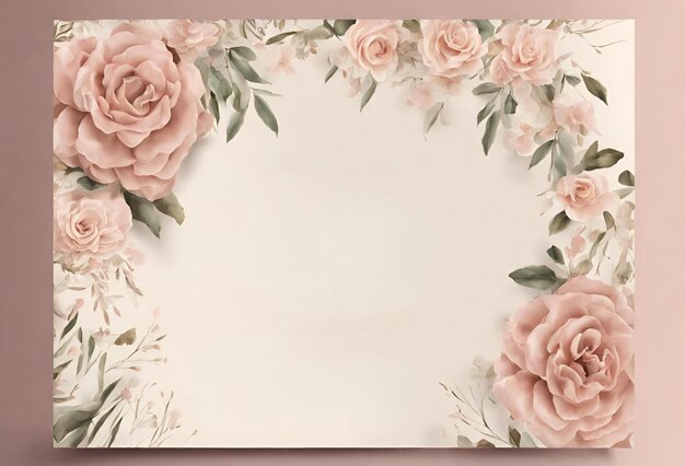 Foto eleganza invito a nozze cornice di fiore rosa su sfondo bianco con foglie