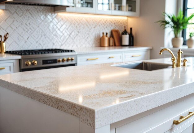 элегантность белого золотого кухонного стола, установленного на размытом фоне