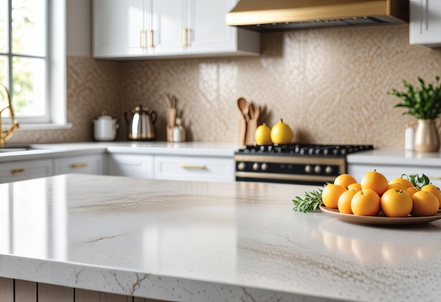 the elegance of a white gold kitchen countertop set against a blurred background