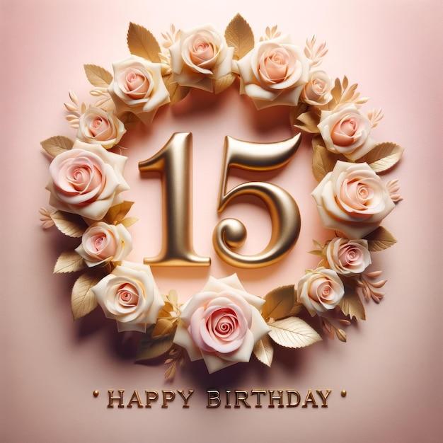 우아한 15번째 생일 축하 금색과 분홍색 장미