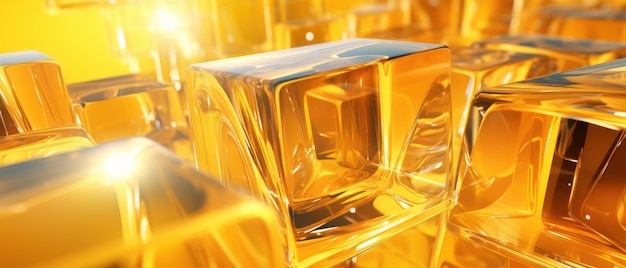 Elegant 3D abstract background featuring shiny glass cubes in gold and yellow hues