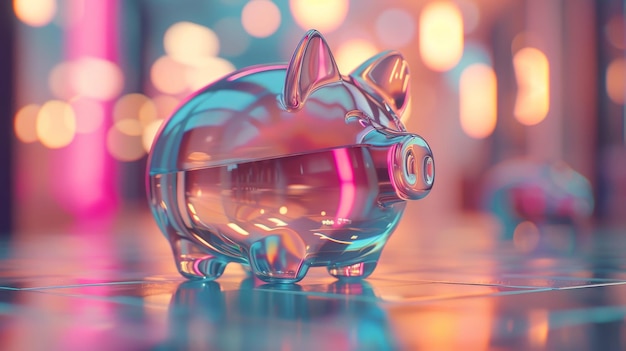 유로로 가득 찬 우아한 3D 유리 돼지 은행은 파스텔 흐릿한 배경으로 스타일을 설명합니다.