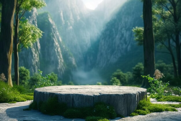 Elegant 3D pedestal set against a background of natural mountains