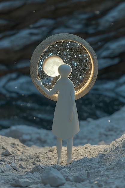 Foto elegante rendering 3d di una figura femminile che tiene in mano uno specchio che riflette il cosmo
