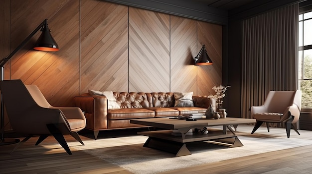 Photo elegant 3d rendering of living room with leather furniture and wood walls