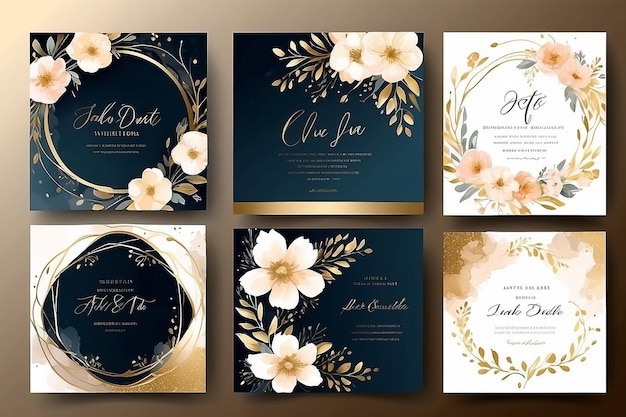 Elegant abstract background Wedding invitation card template set with floral and gold watercolor decoration for save the date