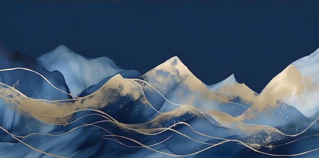 Elegant abstract blue watercolor painting of mountains with gold leaves Generative AI