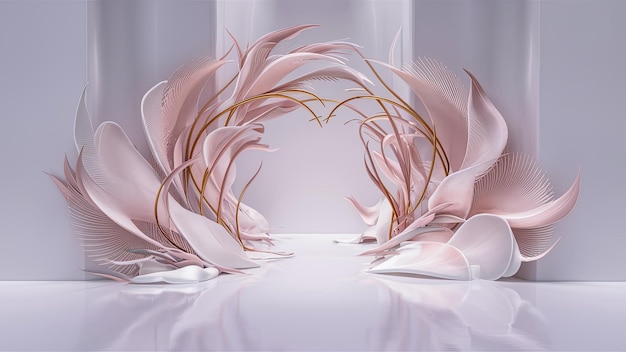 Foto design astratto elegante di piume bianche rosa pallido in un disegno circolare idea per sfondo di carta da parati o contenuti a tema di lusso illustrazione di scena di pista di piattaforma nuziale femminile in colori morbidi